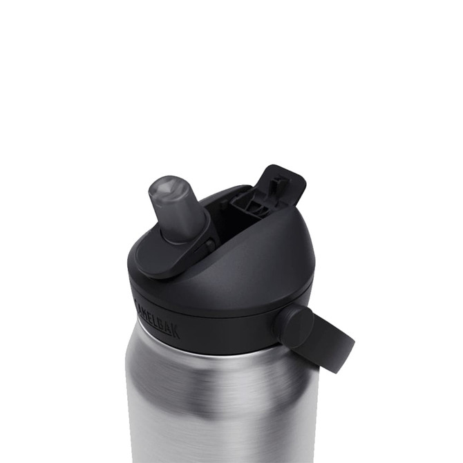 A drink bottle with a stainless steel body and a black, flip-top straw lid, featuring a logo.