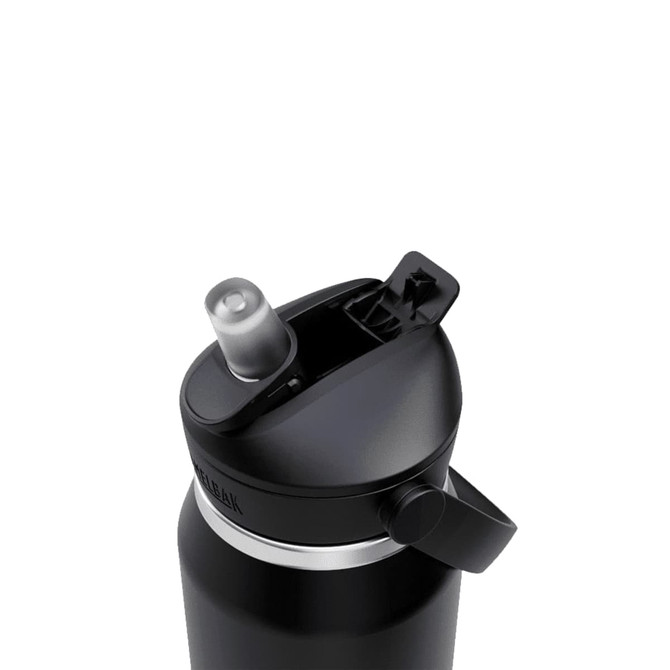 A drink bottle with a flip straw design, featuring a black body and a silver accent. It has a logo on the side.