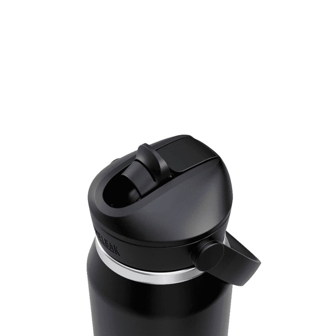 A drink bottle with a black finish and a flip straw lid, featuring a silver band and a logo.