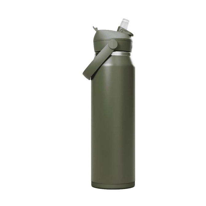A drink bottle in olive green with a flip straw lid and a handle, featuring a logo on the side.