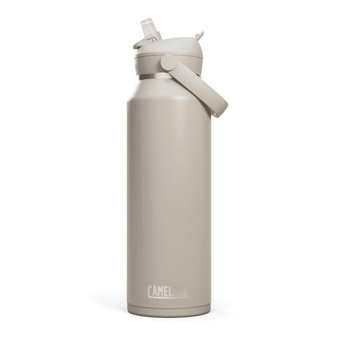 A drink bottle in a light beige colour with a flip straw and a side handle, featuring a logo.