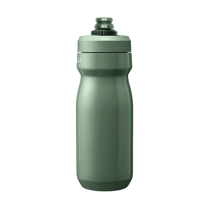 A drink bottle in a muted green shade, featuring a streamlined design and a cap with a nozzle. It has a logo.