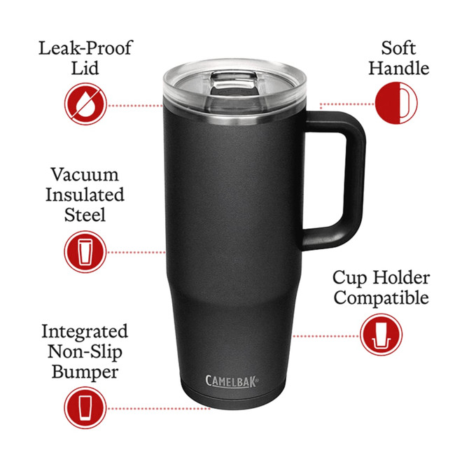 A drink bottle in matte black, featuring a soft handle, leak-proof lid, and vacuum insulated steel design.