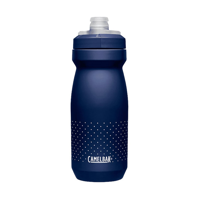 A drink bottle in navy blue with a textured grip and a spout lid, featuring a logo.