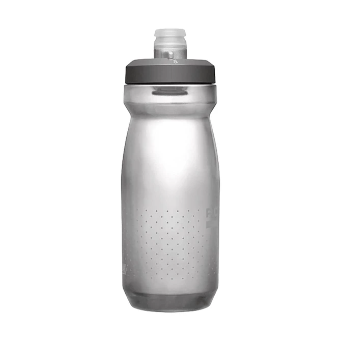 A drink bottle with a translucent silver body and a grey cap, featuring a logo.