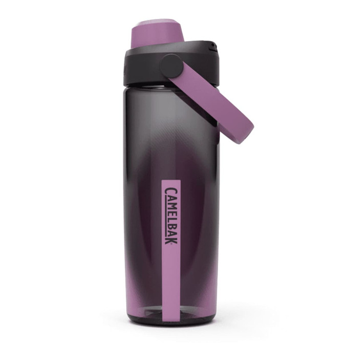 A drink bottle in purple and black with a screw-top lid and a convenient handle. It features a logo.