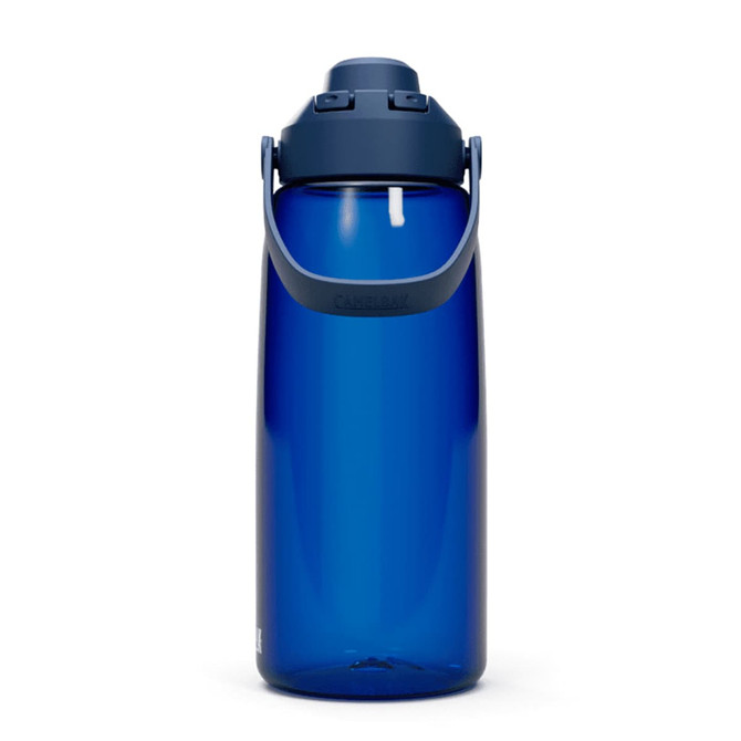 A drink bottle in navy blue with a flip-top lid and a carrying handle. It features a brand logo.