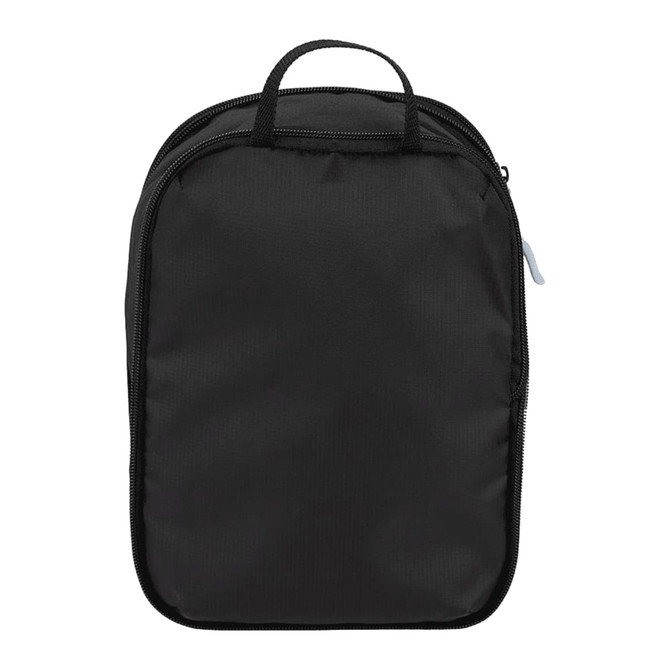 A black compression packing cube with a zipper and a top handle. It features a simple, minimalist design.
