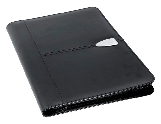 A black leather zip portfolio with a silver clasp, designed for office and business use.