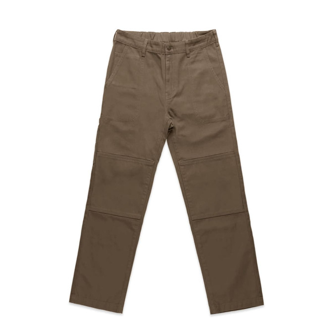 Canvas pants in a khaki colour, featuring a straight leg design and a waistband. The image includes branding.
