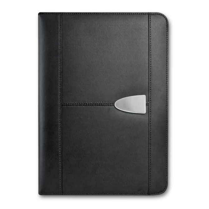 A large black leather portfolio featuring a silver clip closure and a sleek design, ideal for office and business use.