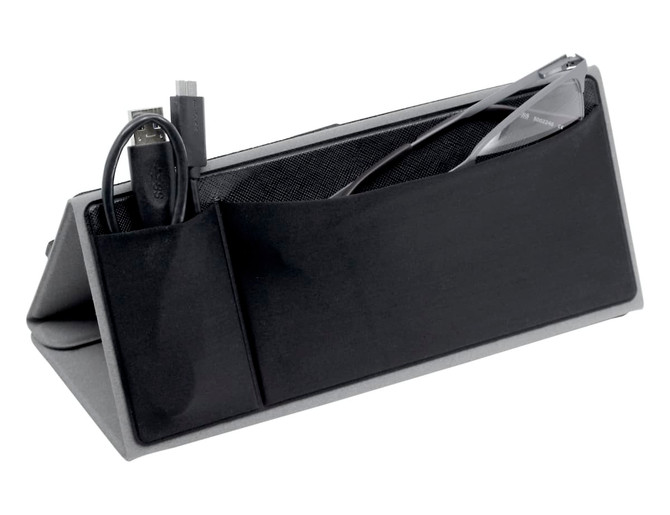 A black A4 portfolio with multiple pockets, ideal for organising office supplies and documents.