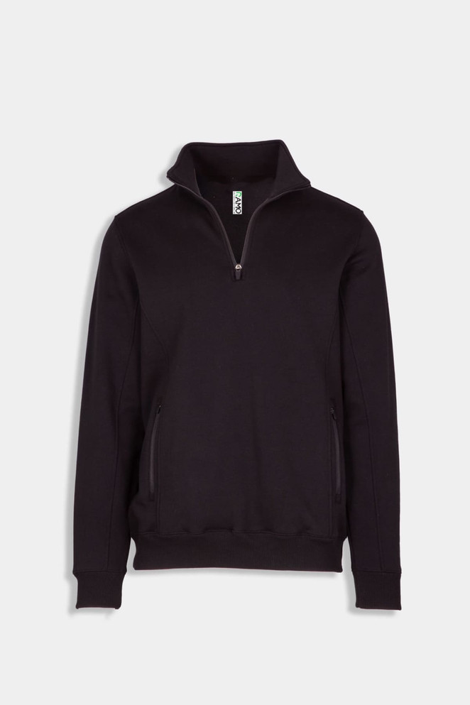 A black half-zip fleece jumper with a stand-up collar and zippered pockets, featuring a logo.