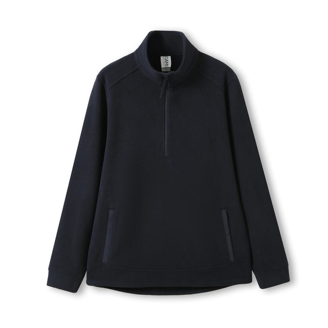 A navy polar fleece half-zip top with two side pockets and a collar, featuring a logo.