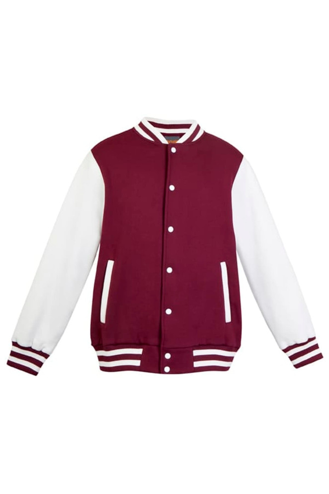 A maroon varsity jacket with white sleeves, featuring ribbed cuffs and a front button closure, along with pockets.