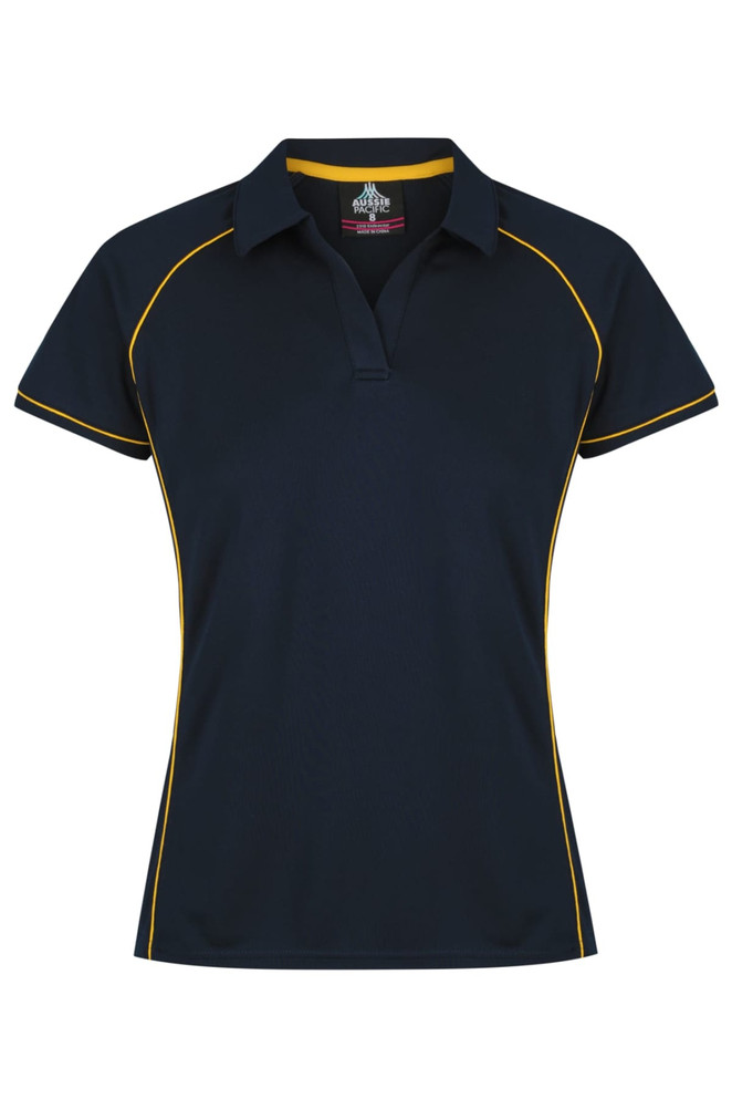 A navy polo shirt with yellow piping and a collar, featuring a logo. Suitable for women's wear.
