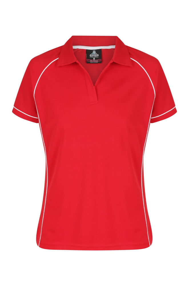 A red polo shirt featuring white piping and a collar, designed for women, with a logo on the tag.
