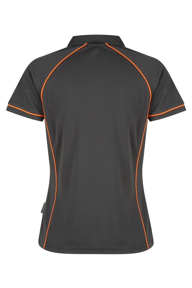 A dark grey polo shirt featuring orange accent stitching and a logo. Designed with a classic collar and short sleeves.