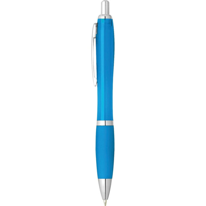 A blue plastic pen with silver accents and a clip, featuring a smooth, contoured design and an internal logo.
