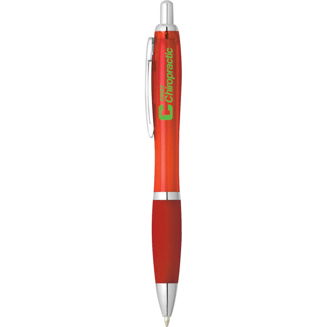 An orange plastic pen with a silver clip and a logo on the side.