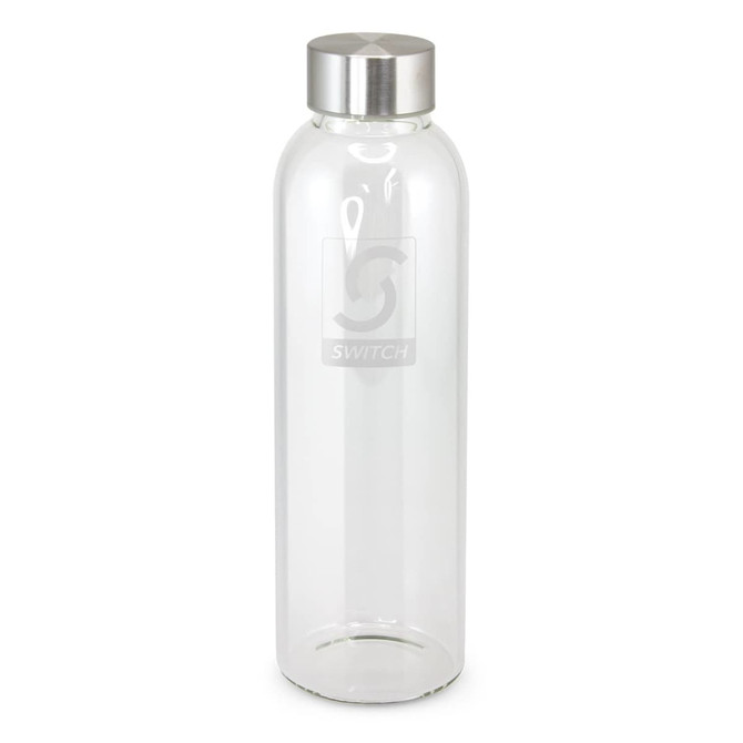 A drink bottle made of clear glass with a stainless steel cap. The bottle features an engraved logo in the center.
