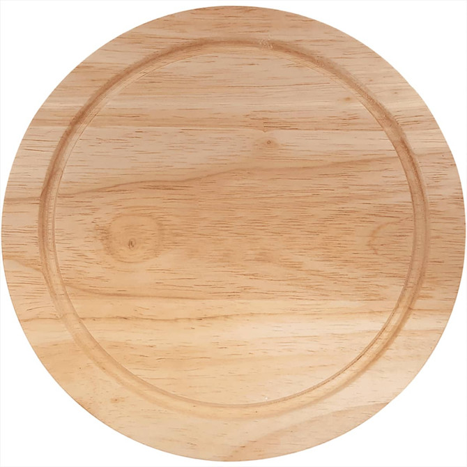A round wooden cheese board in a light natural finish, featuring a smooth surface and a subtle border design.
