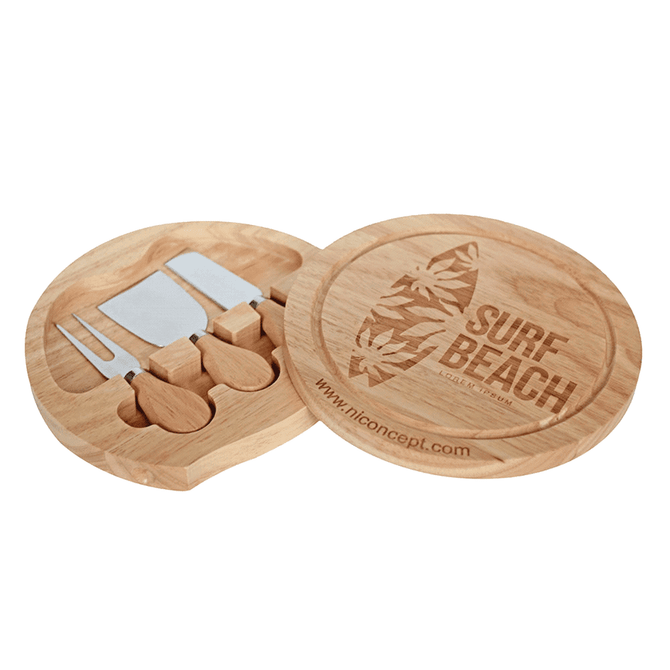 A wooden cheese board set featuring a circular design with a logo and four metal cheese knives.