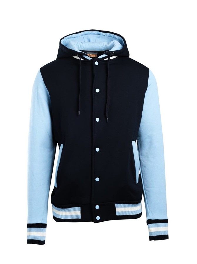 A navy and light blue men's varsity jacket with a hood and buttons, featuring ribbed cuffs and a logo.