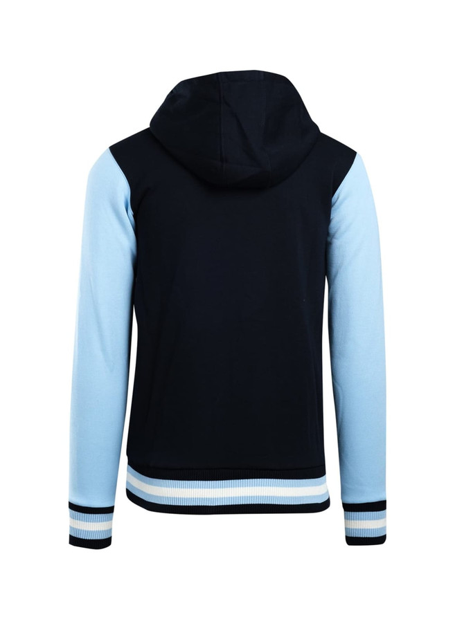 A men's varsity jacket in navy with light blue sleeves, featuring a hood and ribbed cuffs. There is a logo on the jacket.