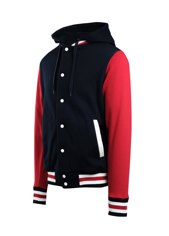 A men's varsity jacket in navy blue and red, featuring a hood, white buttons, and striped cuffs.