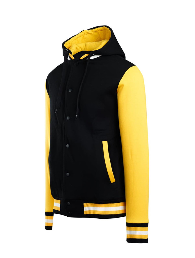 Men's varsity jacket and hood in black and yellow, featuring a hood, front pockets, and striped cuffs.