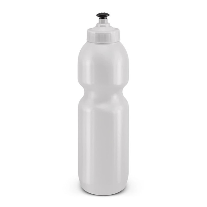 A drink bottle featuring a sleek white design and a black cap for easy dispensing.