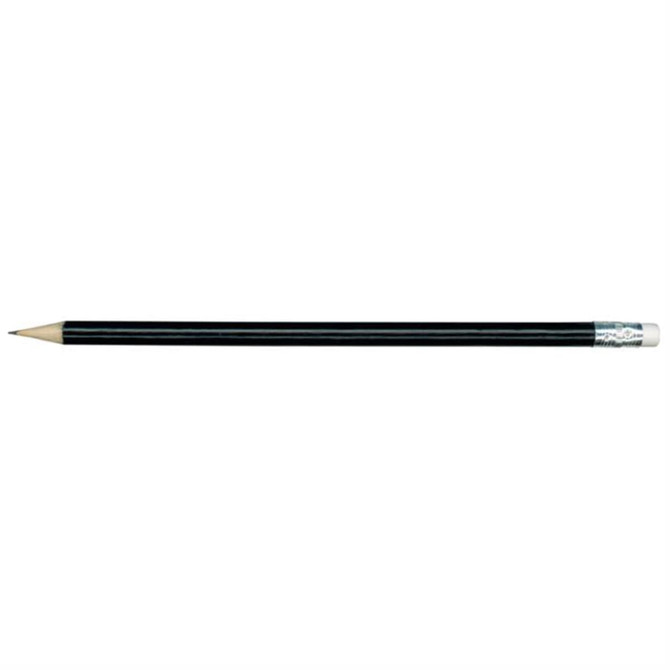 A grey-lead HB pencil with a black body and silver detailing at the tip.