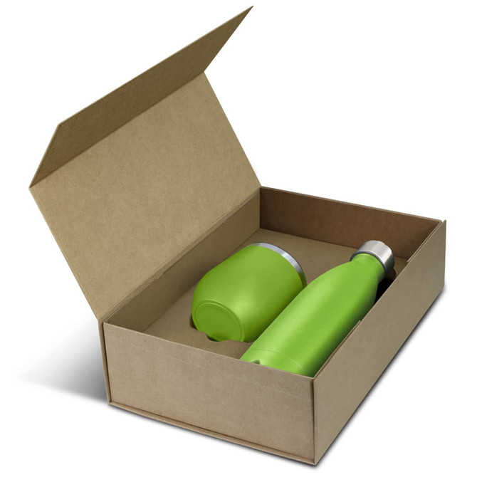 A green drink bottle and tumbler set inside a brown cardboard gift box. The box is open, revealing the contents.