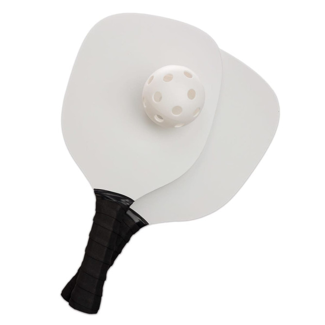A pickleball set featuring two paddles and a perforated plastic ball.
