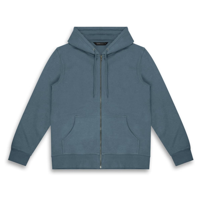 A blue unisex hoodie with a front zip and pockets, featuring a hood and ribbed cuffs. It includes a logo.