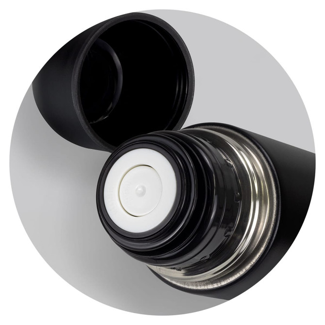 A drink bottle featuring a black exterior with a silver interior and a screw-on lid. The bottle has a logo.