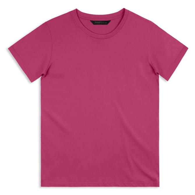 A plain pink men's T-shirt with a round neckline and short sleeves, featuring a logo.