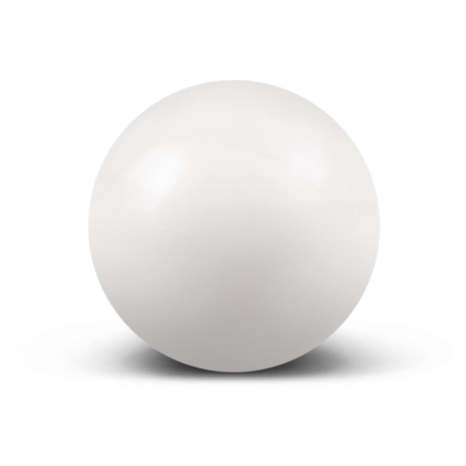 A white stress ball with a smooth surface, designed for squeezing and alleviating stress.