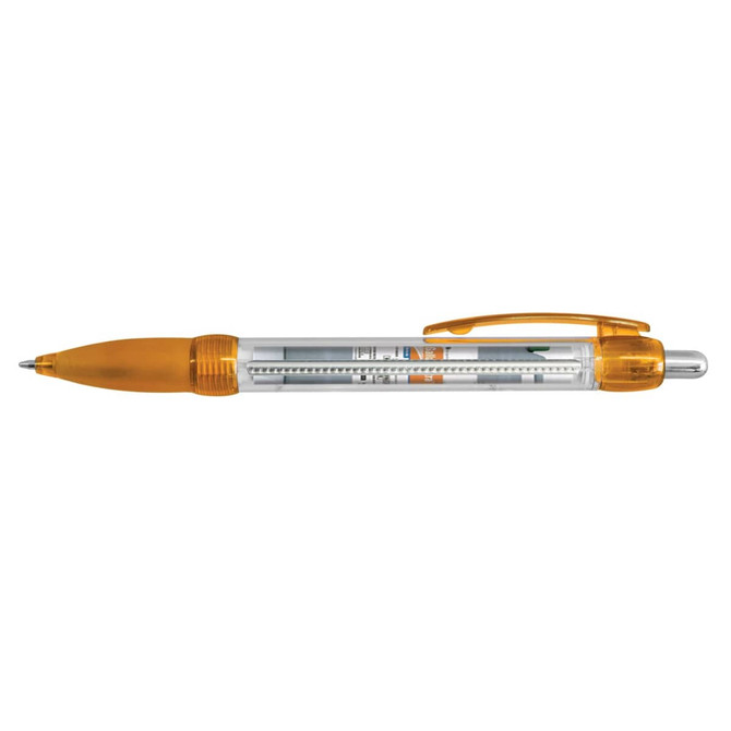 A transparent pen with an orange grip and clip, featuring a clear barrel and silver ink tip.