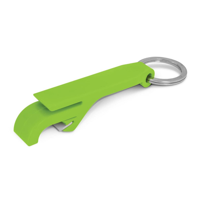 A drink bottle opener key ring in bright green with a silver key ring attachment.