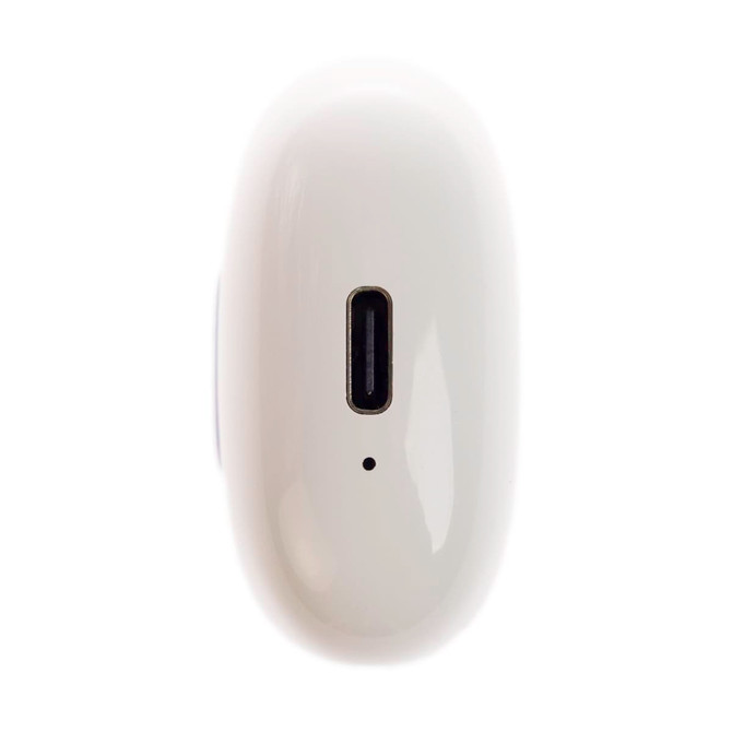 A pair of white Twista Earbuds with a charging port and indicator light visible on the side.