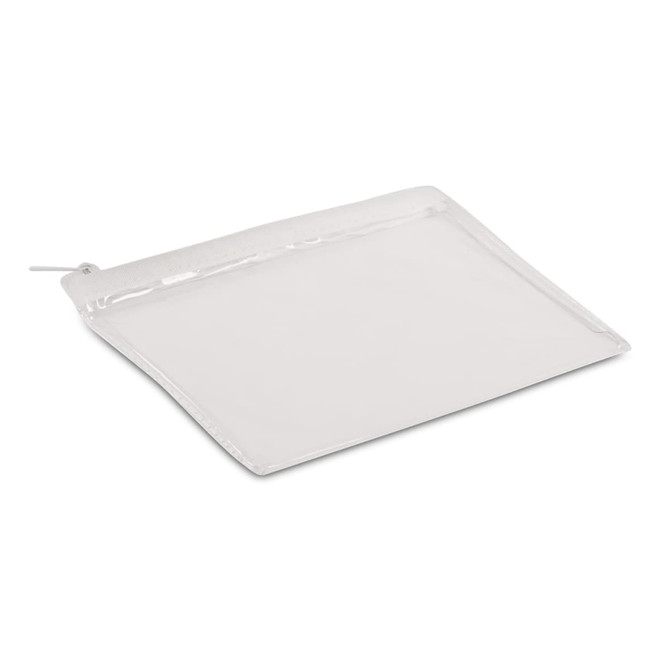 A clear zippered pouch designed for travel, suitable for carrying toiletries or small items.