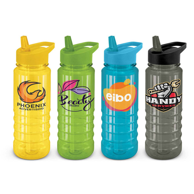 A drink bottle collection featuring yellow, green, blue, and grey bottles, each with a logo.