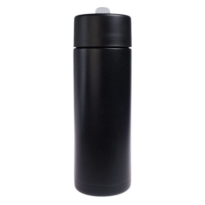 A drink bottle in matte black finish with a sleek design and a removable lid, featuring a branding logo.