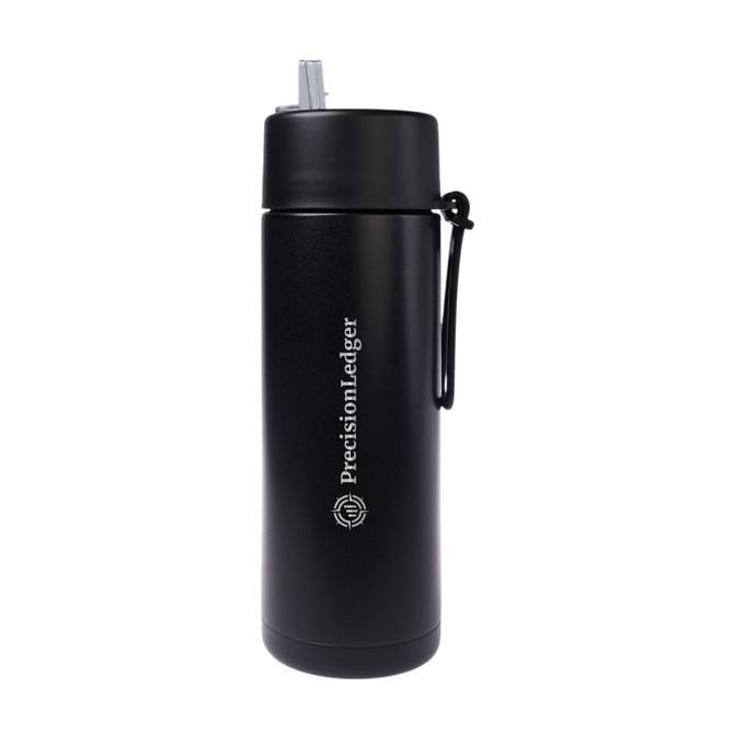 A drink bottle in matte black with a straw lid and a logo on the side, designed for hydration on the go.