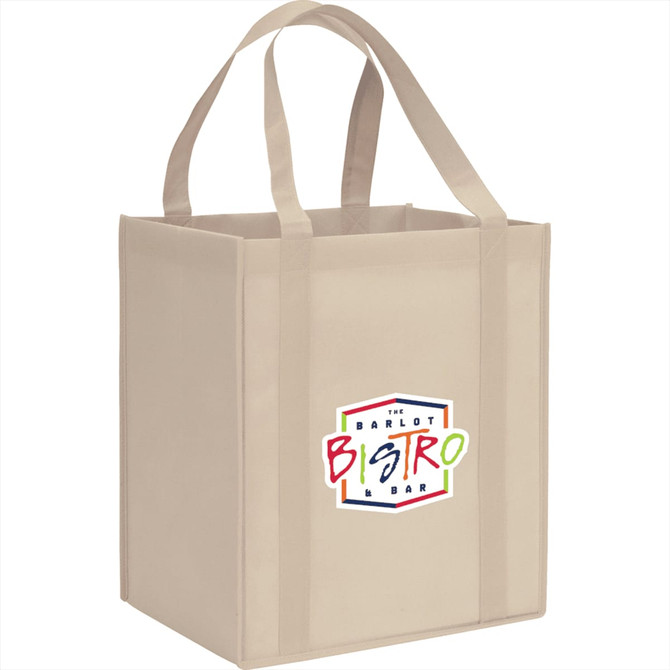 A beige reusable grocery tote with sturdy handles and a logo on one side. The bag has a square shape and is made of non-woven material.