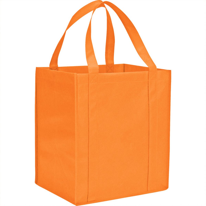 An orange non-woven grocery tote bag with sturdy handles and a square base, featuring a logo.