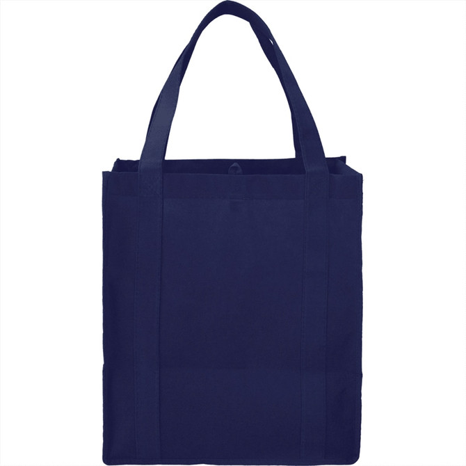 A navy reusable grocery tote bag with two handles and a simple design, featuring a branding logo.