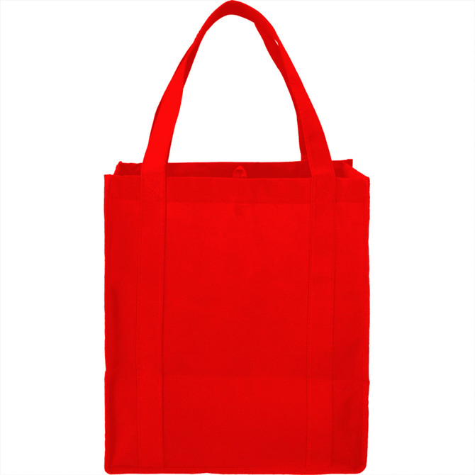 A red non-woven grocery tote with sturdy handles and a spacious interior, featuring a logo on the side.